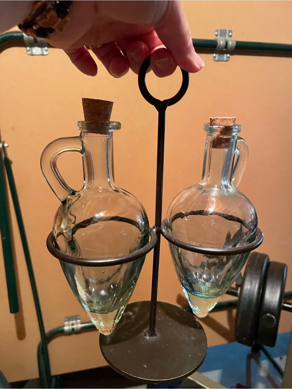Clear Glass Olive Oil Cruet Set with Metal Stand - Clear